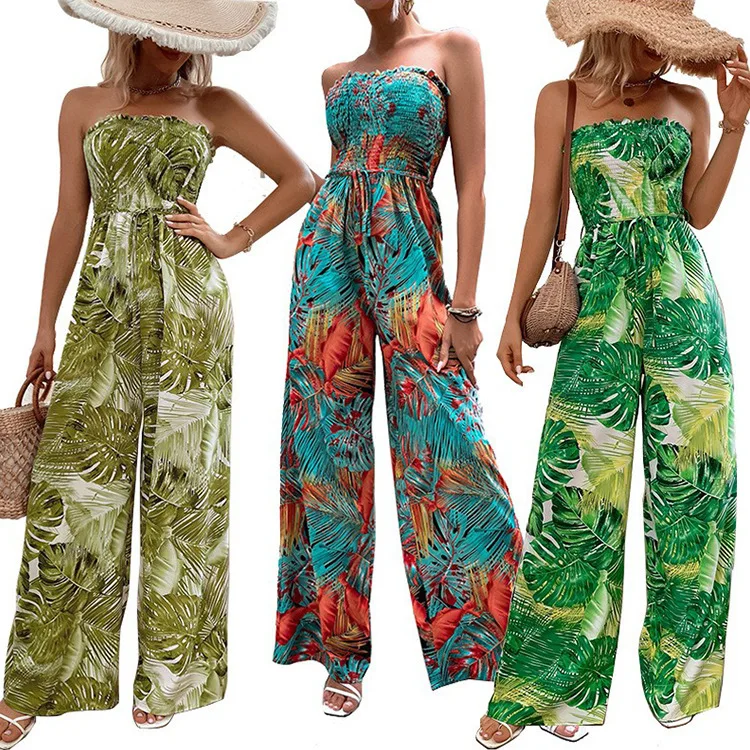 

HAOOHU 2023 bohemian wind summer cool comfortable new sleeveless sexy breastless fashion print beach casual jumpsuit female