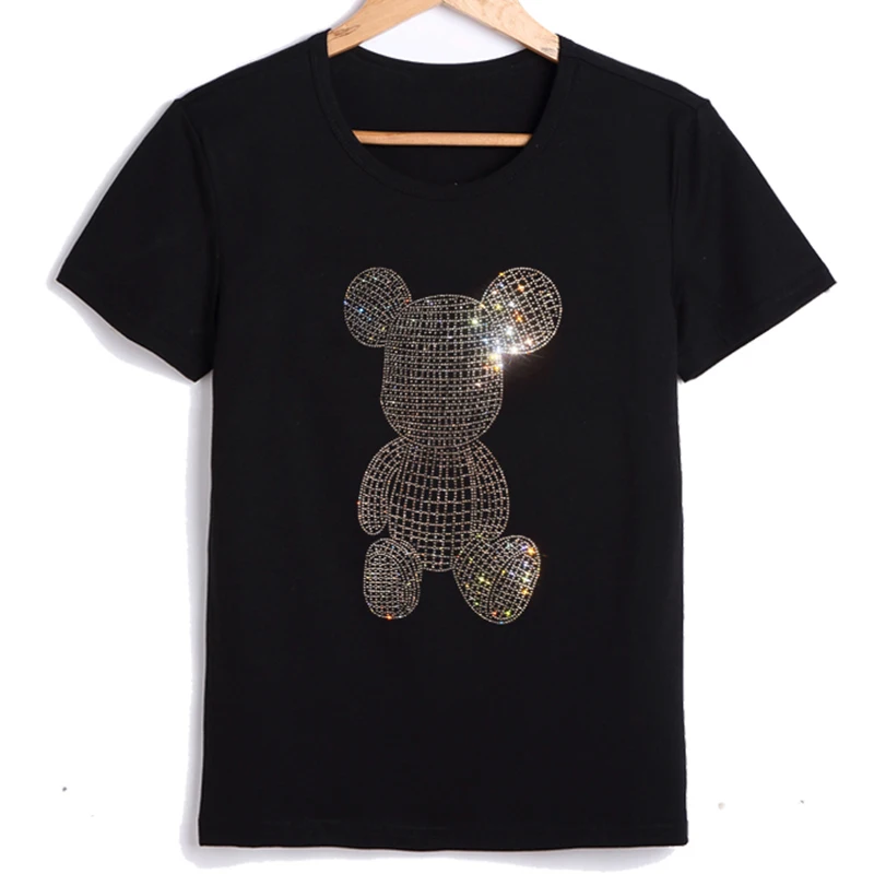 Casual women's t-shirt summer short-sleeved rhineston bear cotton tops hight quality Woman clothing