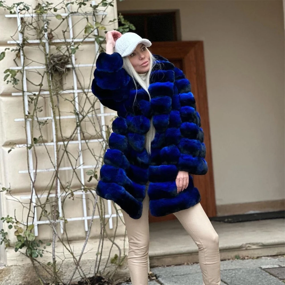 

Women Real Rex Rabbit Fur Coat High Quality Winter Natural Chinchilla Print Soft Jackets Fashion Luxury Striped Thick Outwears