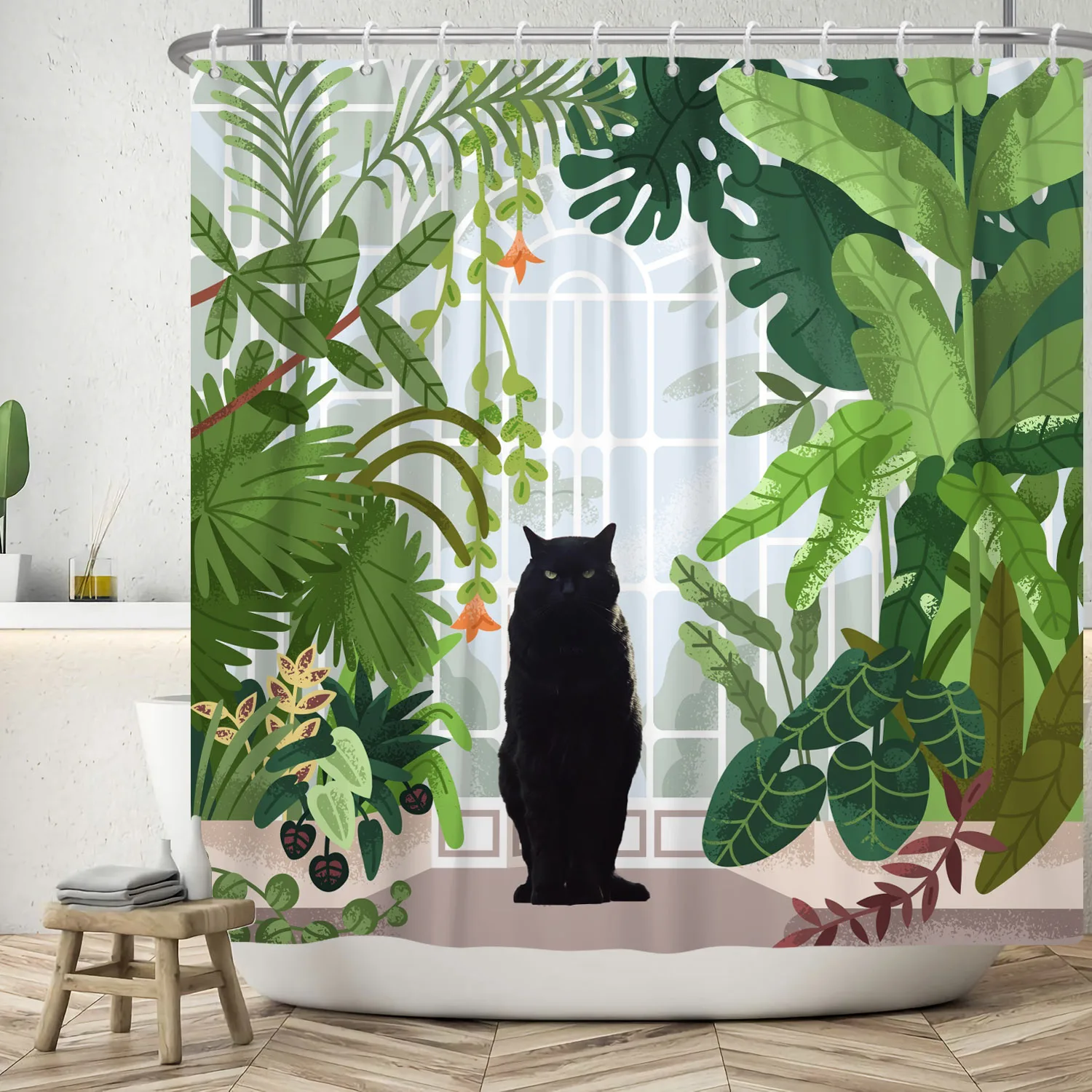 Green Tropical Rainforest Shower Curtain Cute Black Cat Modern Home Bathroom Decor Polyester Fabric Shower Curtains with Hooks