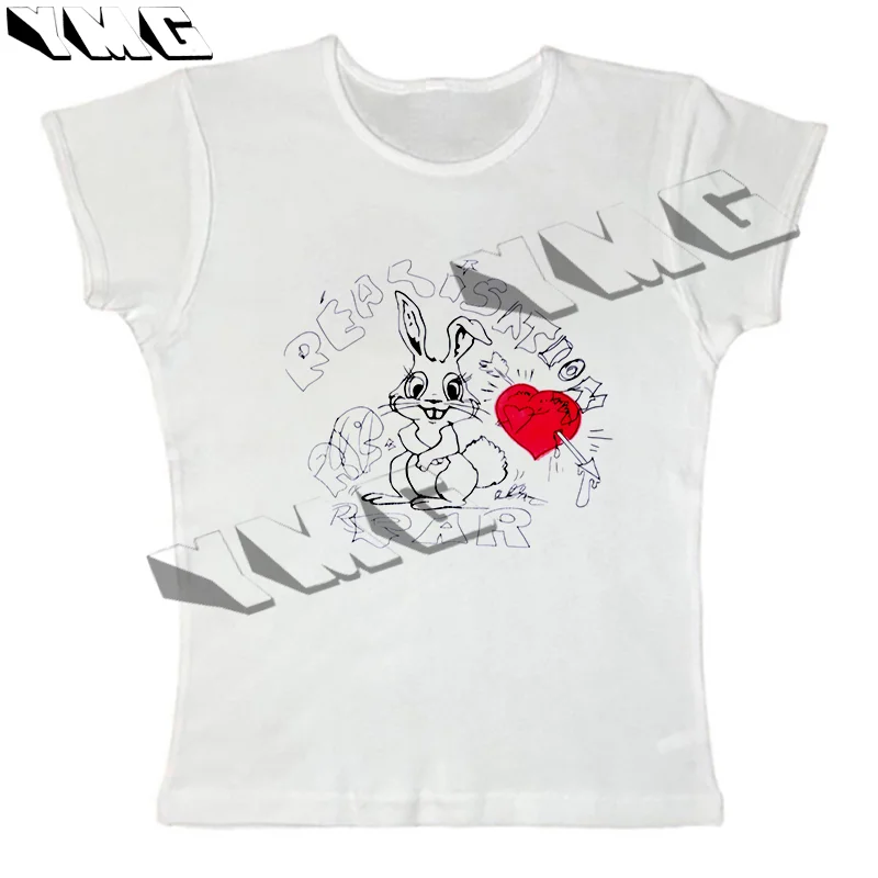 Cute rabbit cartoon print short-sleeved T-shirt streetwear summer new slim y2k cotton crop top Harajuku kawaii women T-shirt EMO