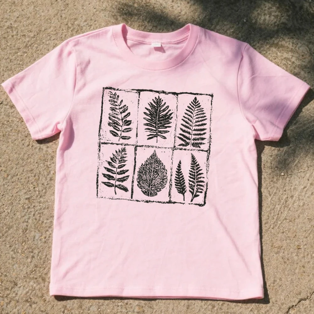 Botanical Fern Print T-Shirt Nature Witch Tees High Quality Cotton Y2K Women Loose Short Sleeve O Neck T Shirt Graphic Tops