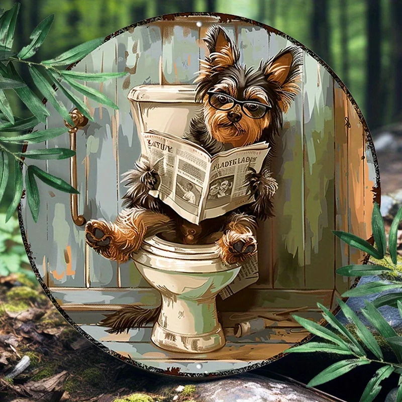 Letrero redondo de aluminio de 8x8 pulgadas (20x20 cm): divertido letrero decorativo de metal con una yorkie leyendo un periódico, adecuado para interiores y exteriores