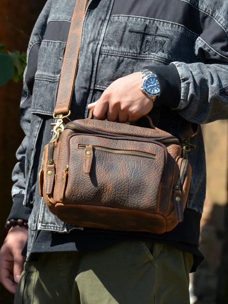 PNDME vintage handmade crazy horse cowhide men's shoulder bag outdoor casual luxury natural genuine leather small crossbody bag