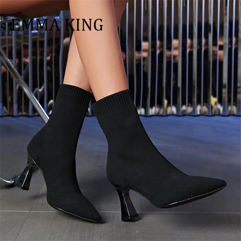 Winter Women Knitted Sock Ankle Booties Sexy Pointed Toe Elastic Boot Pull-on Style Party Dress Shoes 2024 Zapatos Para Mujere