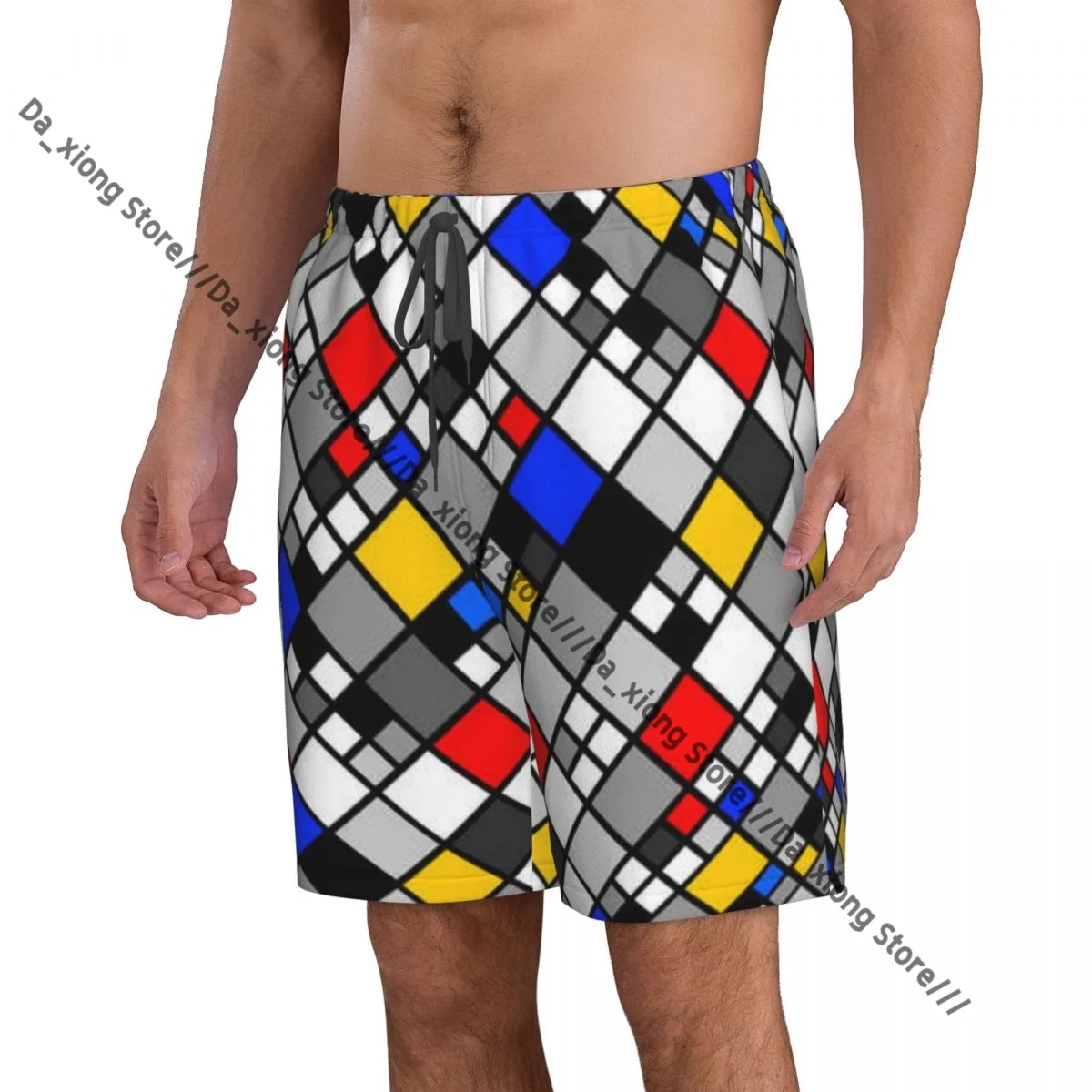 Men Beach Short Quick-drying Swimming Trunk Monochrome Twisted Diamond Inlay Pattern Swimwear Swimsuit Bathing Shorts