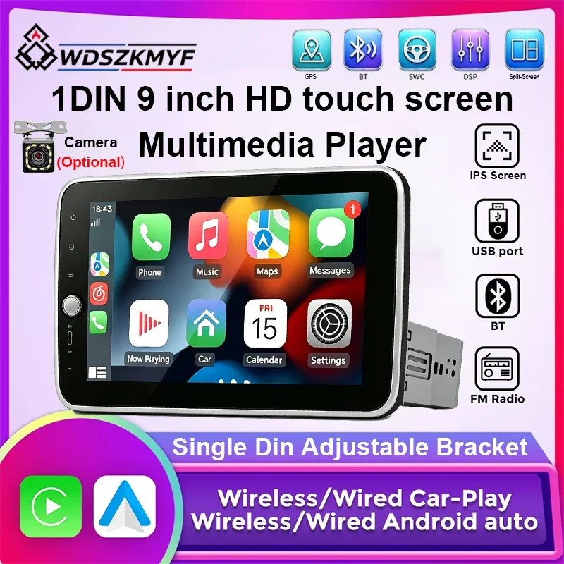 9 Inch 1 Din Adjustable Car Radio Universal Car Stereo Wireless CarPlay Android Auto Mirror Link Bluetooth FM Multimedia Player