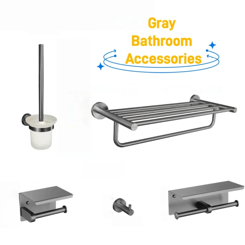 

Grey Bathroom Hardware Set Accessories Kit Stainless Steel Round Wall Rack Hand Bar Toilet Roll Paper Holder Robe Towel Hook