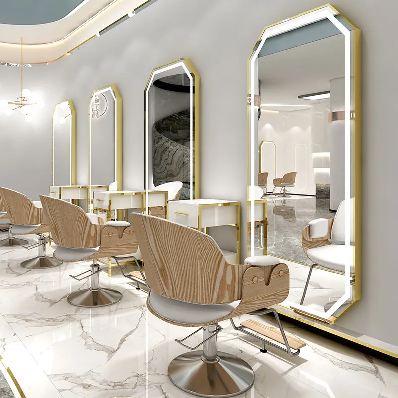 

Luxury Gold Hexagon Single Side Barber Mirror Stations Hair Dressing Salon Mirror Station with Led Light Barber Mirrors