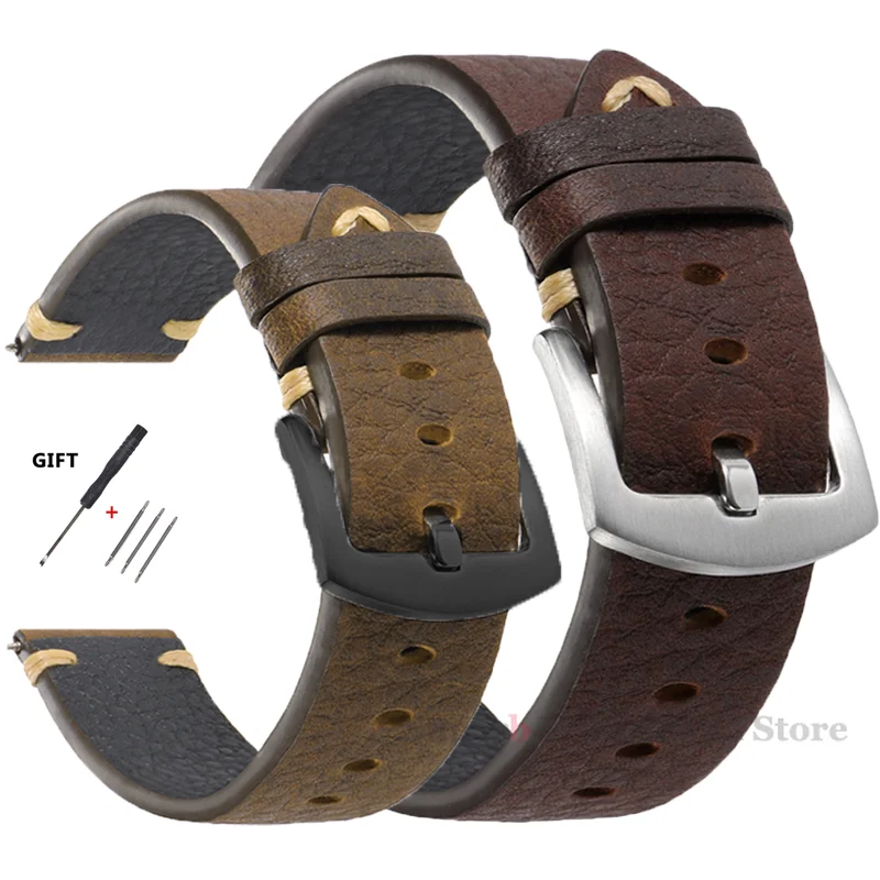Genuine Leather Straps For Watch Vintage Italian Distressed Leather Smart Watch Band 20mm 22mm Men Watch Accessories