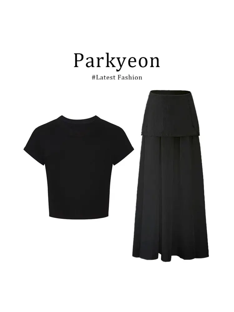 

Черный утягивающий комплект из футболки с коротким рукавом и юбки-карандаш с сетчатыми вставками для женщин, летний новый стиль, модный повседневный наряд