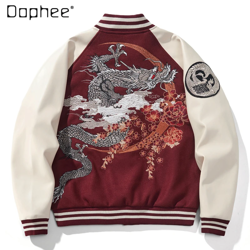 

Japanese Yokosuka Dragon Embroidery Baseball Uniform Coat Autumn and Winter New Fashion Loose Color Matching Bomber Jackets