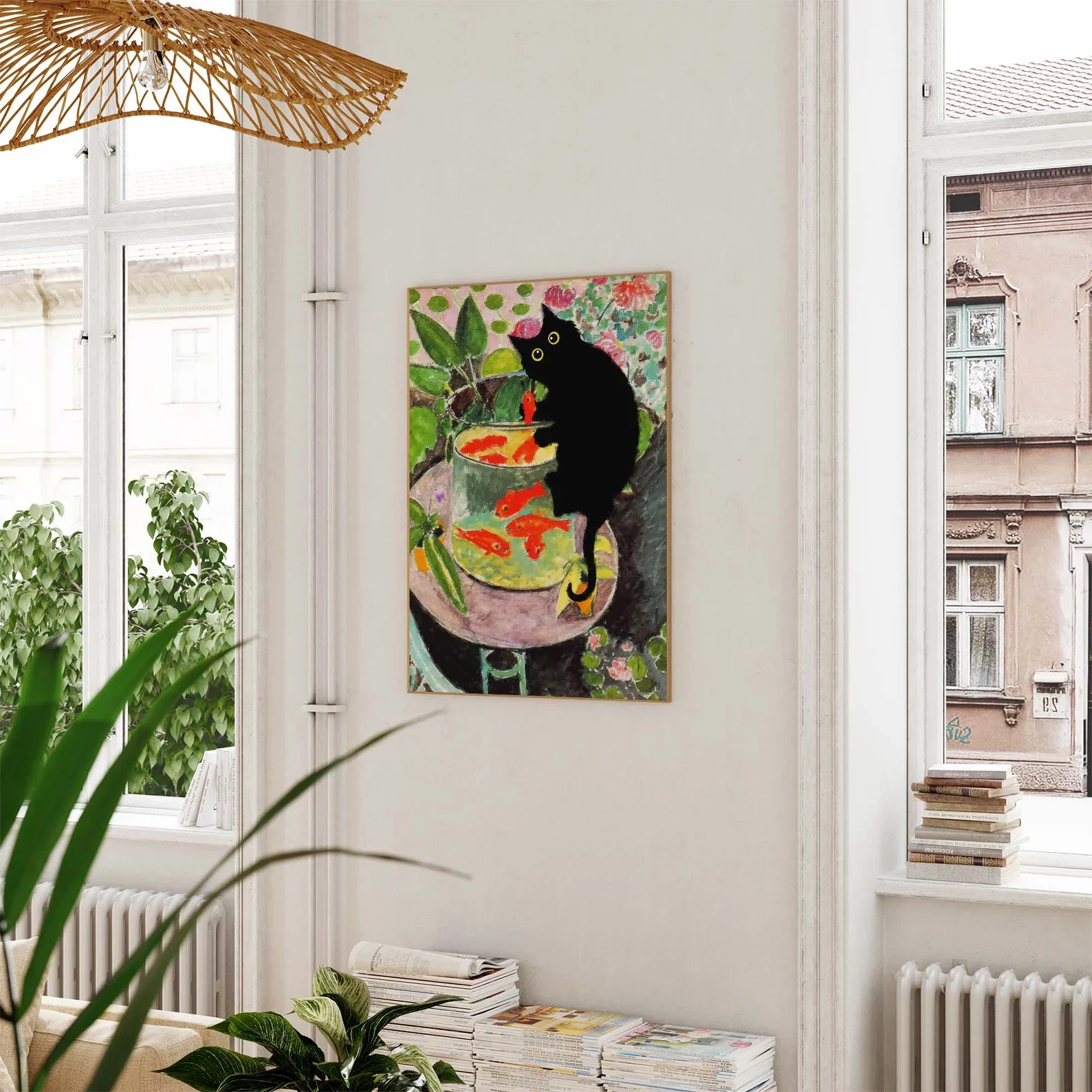 Poster Ikan Mas Matisse dengan Kucing, Gambar Kucing Hitam, Seni Kucing Hitam, Cetak Bunga, Cetak Kucing Lucu, Ide Hadiah Lucu, Dekorasi Rumah