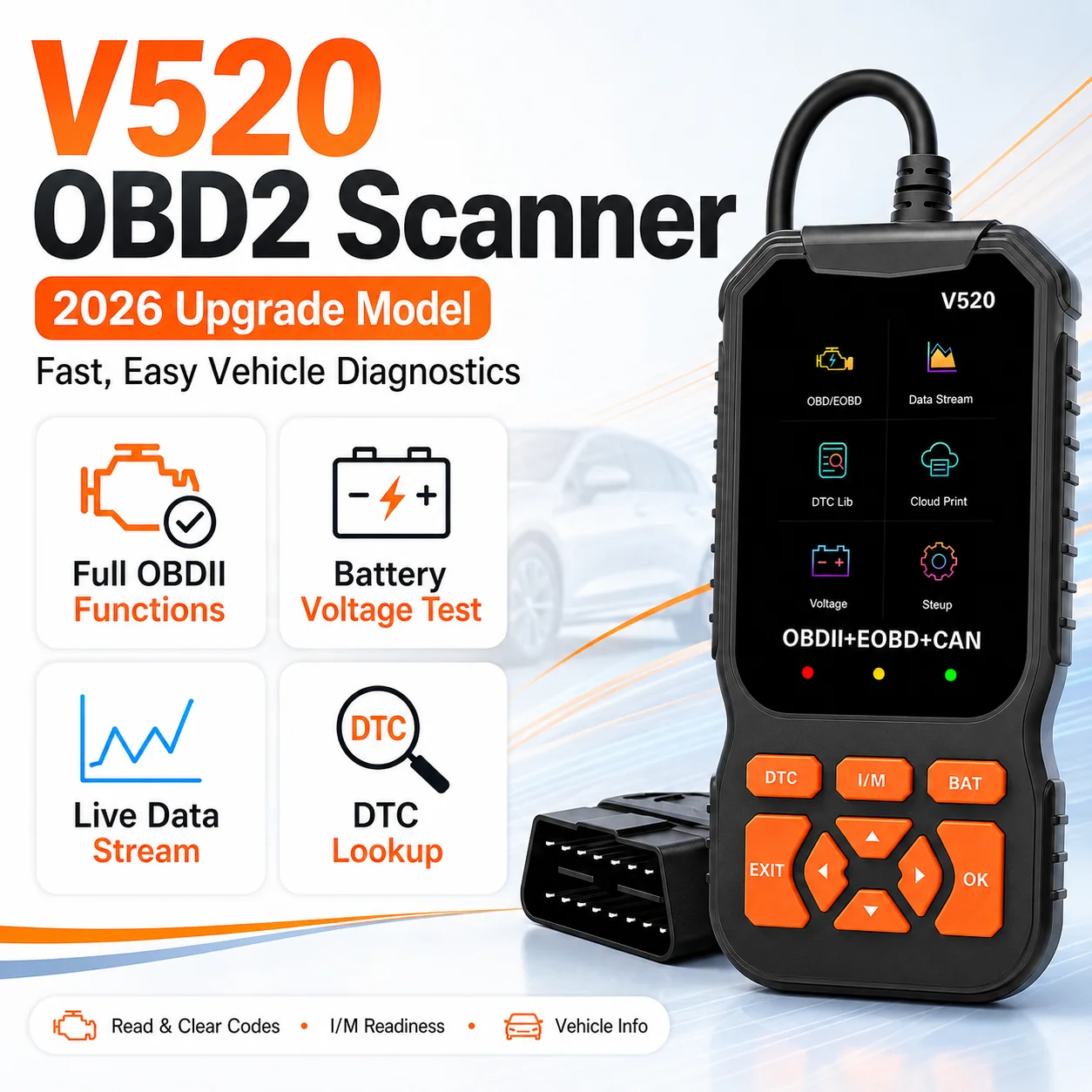New V520 OBD2 Car Diagnostic Tool 8 Languages Engine Fault Code Reader DTC Clear Live Data Scanner Check Engine Light Reset Tool