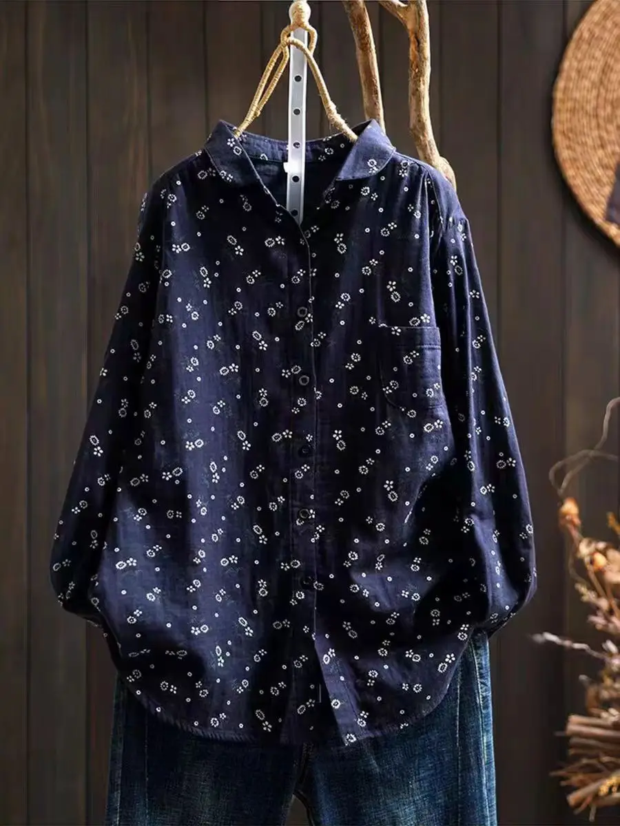

Casual Floral Print Long Sleeve Shirt Women's Early Autumn plus Size Retro Artistic Button Detail Double Layered Blouse