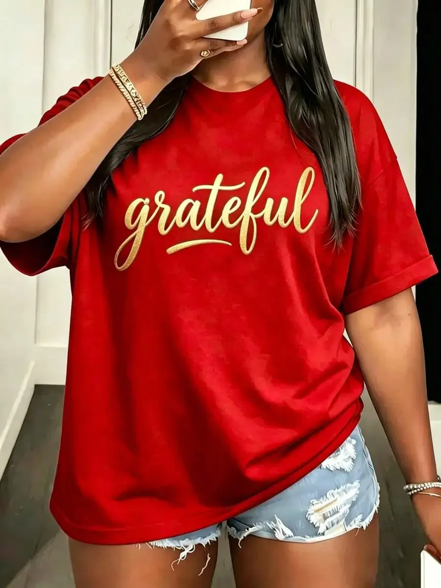 New Fashion Women Crew Neck Short Sleeve T-Shirt  Loose Fit Gold Foil Cursive Grateful Letter Print Daily Casual Stylish Tops