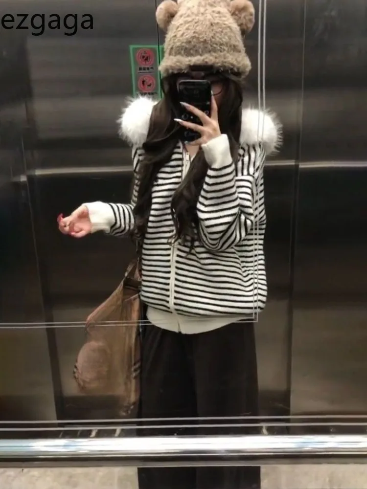 

Ezgaga Striped Knitted Cardigan Women Furry Patchwork Hooded Autumn Winter Loose Outwear Sweater Zipper Female Fashion