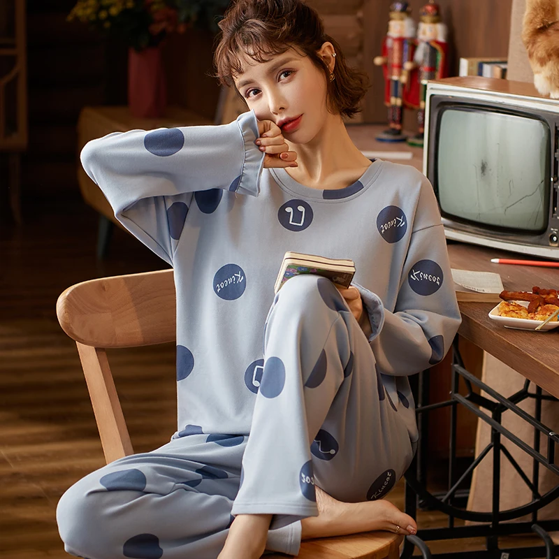 

Autumn Sleep Lounge Pajama Long Sleeved Top Polka Dots Women Pajama Sets Cartoon Pyjamas Cotton Sleepwear Women M L XL XXL XXXL