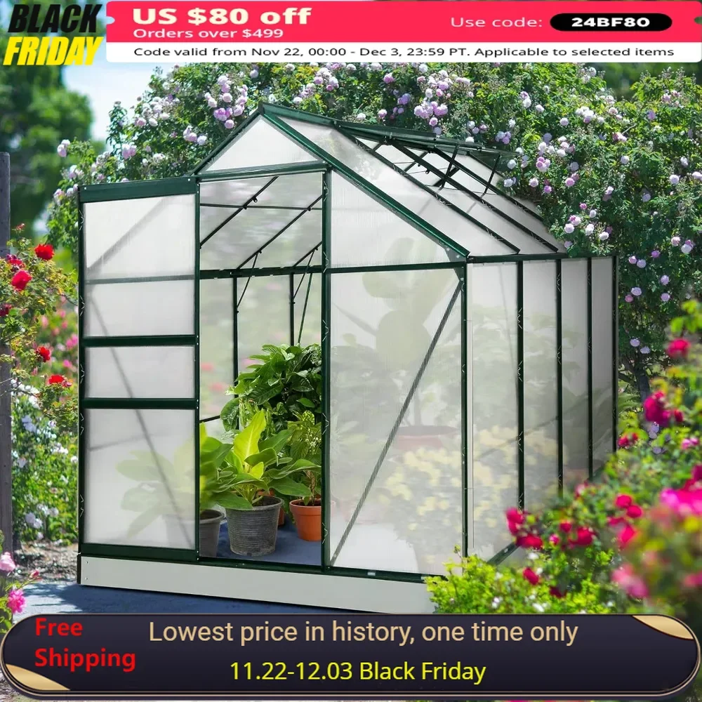 

6x8x7 Greenhouse with Adjustable Roof Vent and Rain Gutter, Base and Anchor, Greenhouse