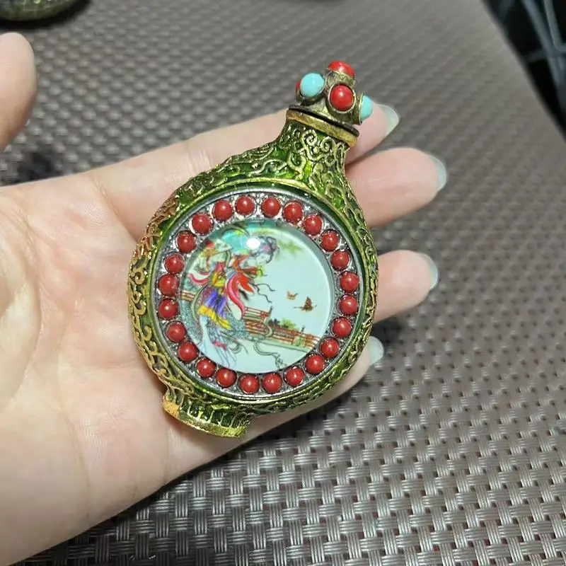 Antique Snuff Bottle, Refreshing And Mind-Clearing, Double-Sided Copper, Ethnic Style, Luminous Stone Smoking Accessory