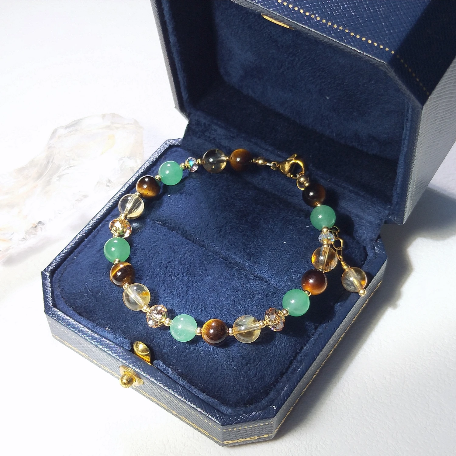 Lii Ji Natural Citrine Tiger's Eye Green Aventurine 6mm/8mm American 14K Gold Filled Charms Handmade Bracelet