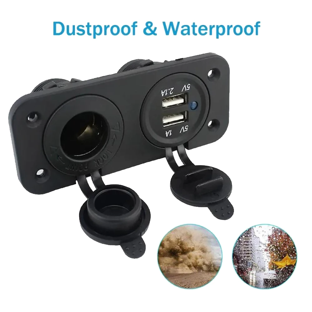 12/24V USB Outlet Marine Panel Dual USB Ports Car Charger Waterproof Cigarette Lighter Socket for Car Motorcycle Boat RV