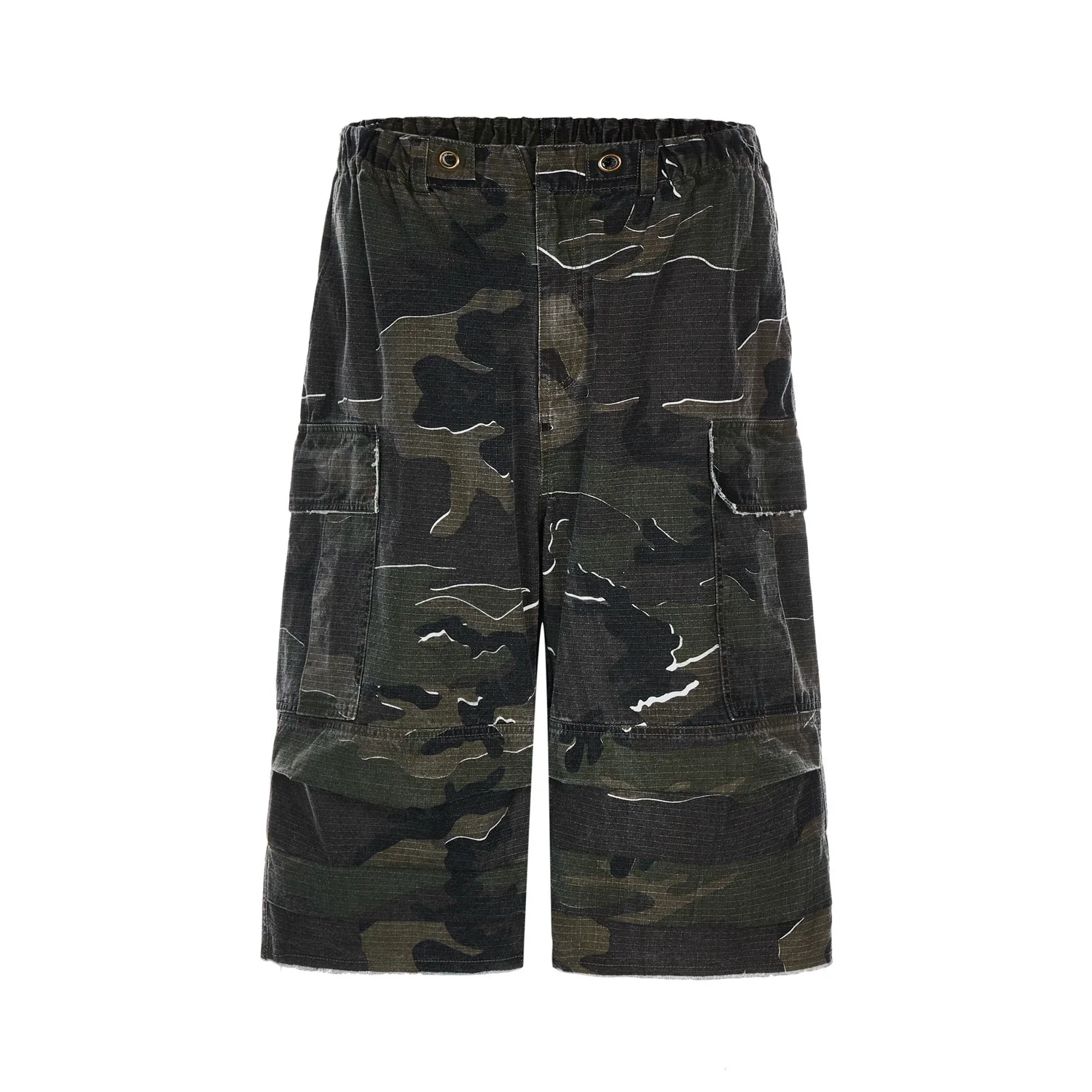 Retro Washed Distressed Camouflage Baggy Shorts Men\'s Street Hip Hop Camo Calf-Length Pants