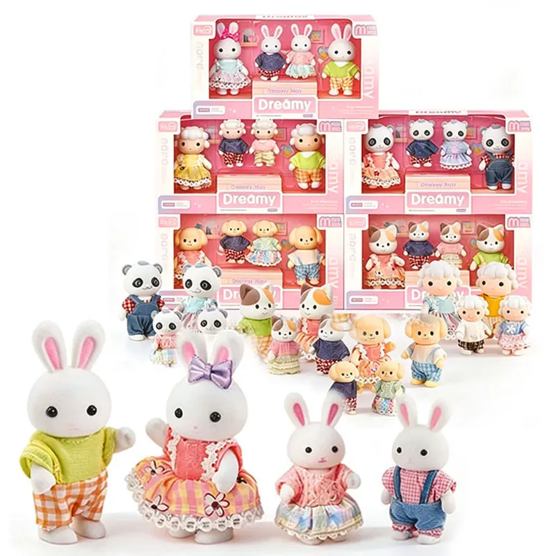 Miniature Forest Animal Family Doll Set Bunny Panda Dog Sheep Mini Character Figures Dollhouse Diorama Scene Pretend Play Toy