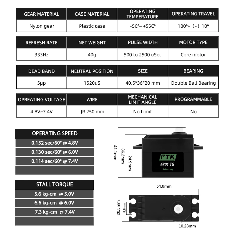 Digital Steering Gear Simulação Servo Modelo, Navio Modelo, Glider, Asa Fixa Robô Motor de Direção PTK 6801 NG, Atacado