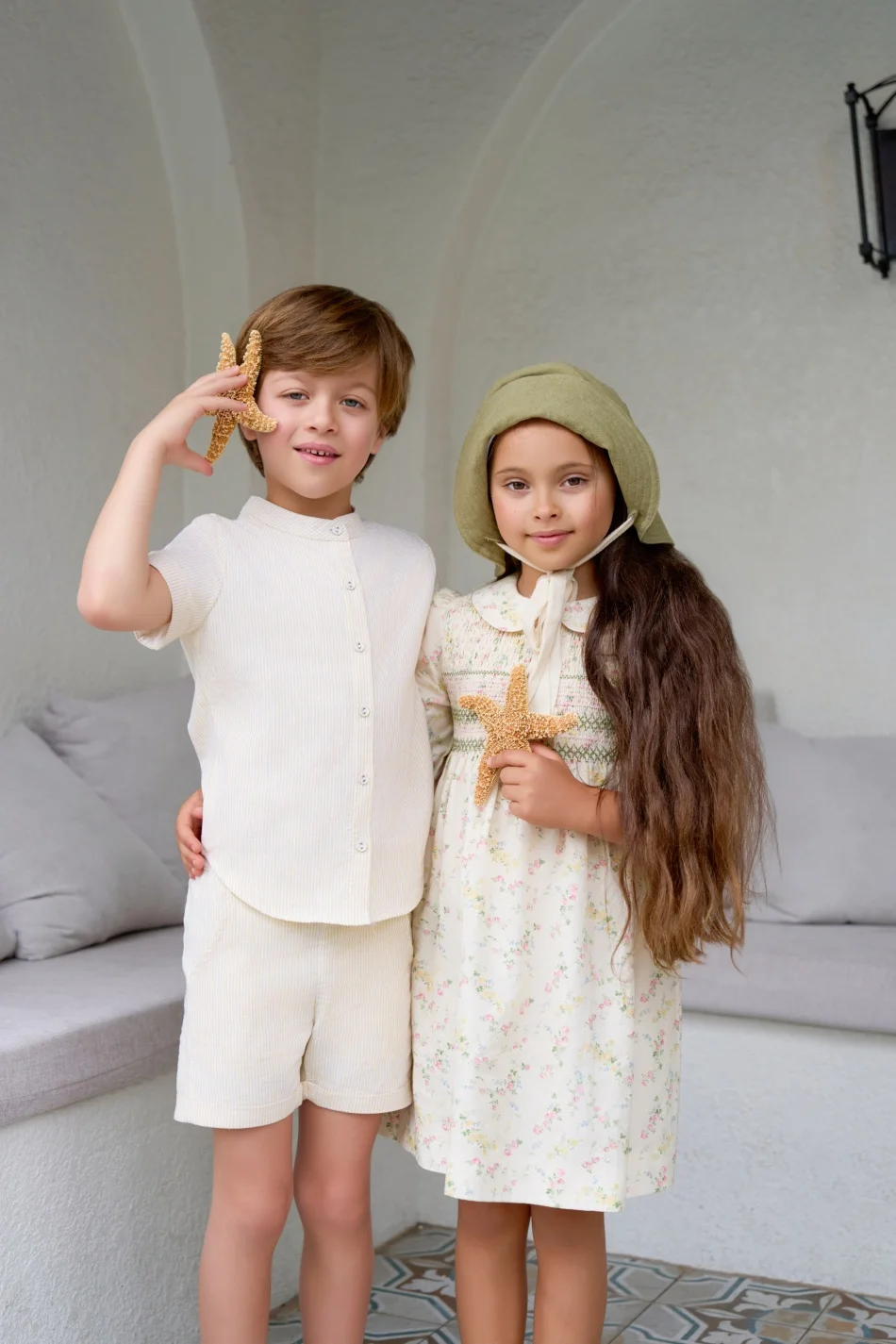 AS SS26 meadow collection pale yellow floral shabbos girls smocking dress pinstripe boys familly match clothes