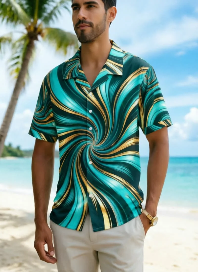 

Men's Colorblock Swirl Spiral Print Hawaiian Shirt, for Summer Beach, Pool Party, Travel & Outdoor Activities
