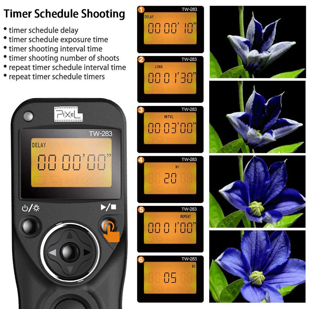 Pixel TW-283 Wireless Timer Remote Control Shutter Release Cable(DC0 DC2 N3 E3 S1 S2 90FJ) For Canon Nikon Sony Camera