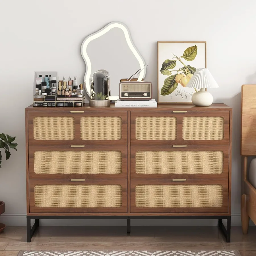 Rattan 6 Drawer Dresser Boho Dresser with Rattan Drawers Farmhouse Wood Storage Chest of Drawers for Bedroom Living Room Entryw