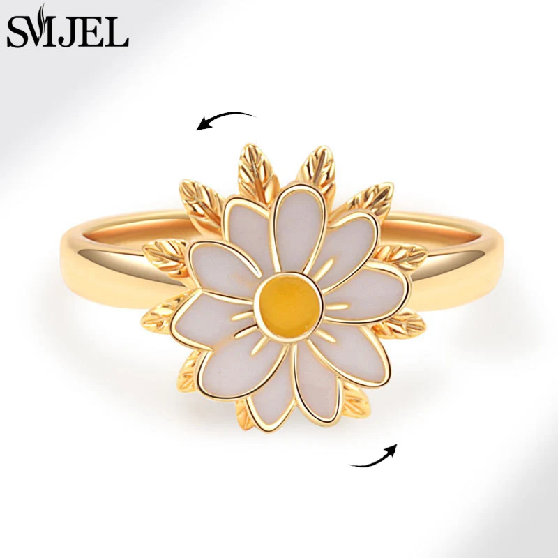 Bohemia Fidget Spinner Ring Anxiety for Women Multiple Crystal Flower Adjustable Open Rings Rotate Anti Stress Wedding Jewelry image 5