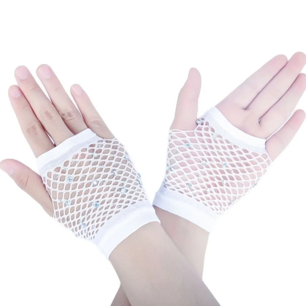 Fashion Elastic Rhinestone Gloves Shiny Punk Fishnet Fingerless Gloves Black White Gothic Style Mesh Lace Gloves Party Wear