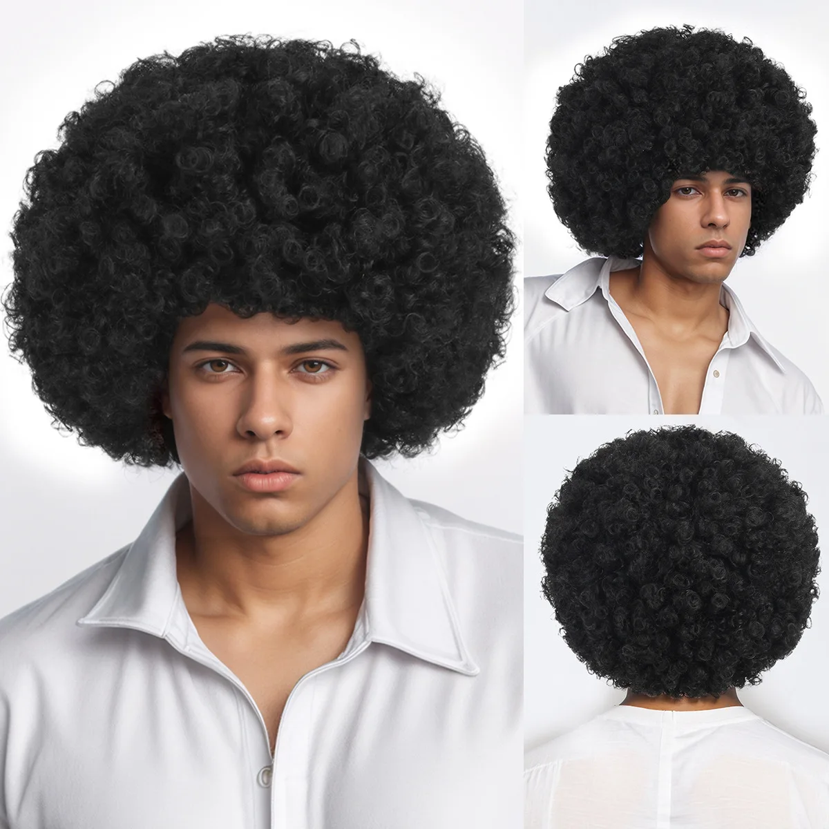 

Men's short roll wig full head cover natural black synthetic fiber wig