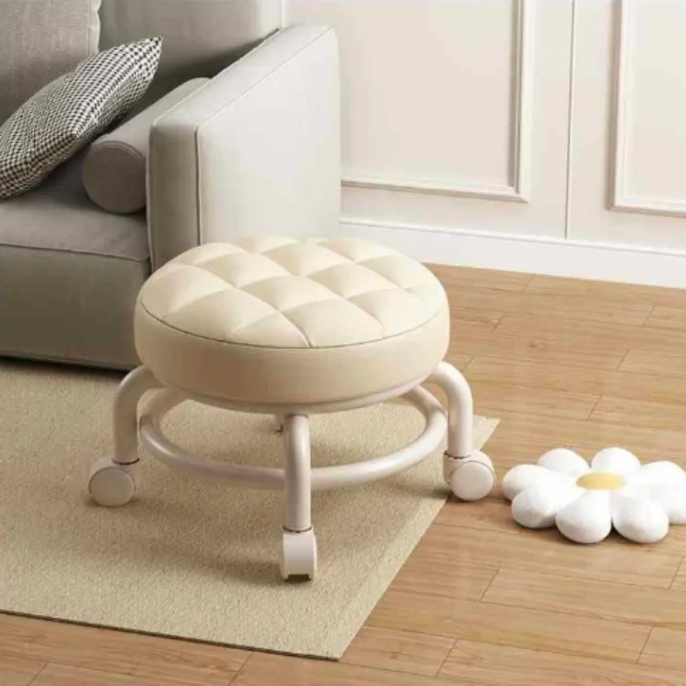 Leather Rolling Stool Portable Round Chair Thick Seat Cushion Low Profile Stool Silent Sliding Wheel Chair with Built-in Wheels