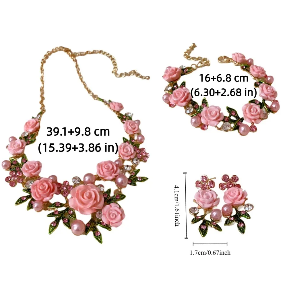 Temperament Strass Rose Blume Halskette Süße Halsband Blume Armband Perle Schlüsselbein Kette Ohrstecker Urlaub