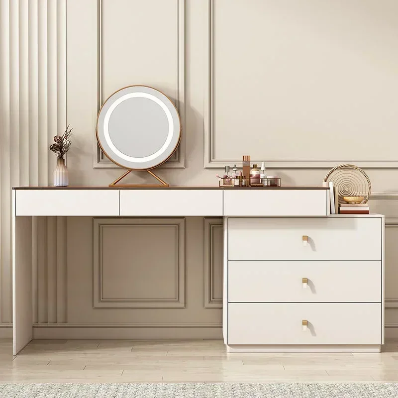 Meja Rias Modern dengan Cermin Menyala LED, Meja Rias Sudut Mewah 6 Laci, dan Rak Meja Rias Penyimpanan Besar