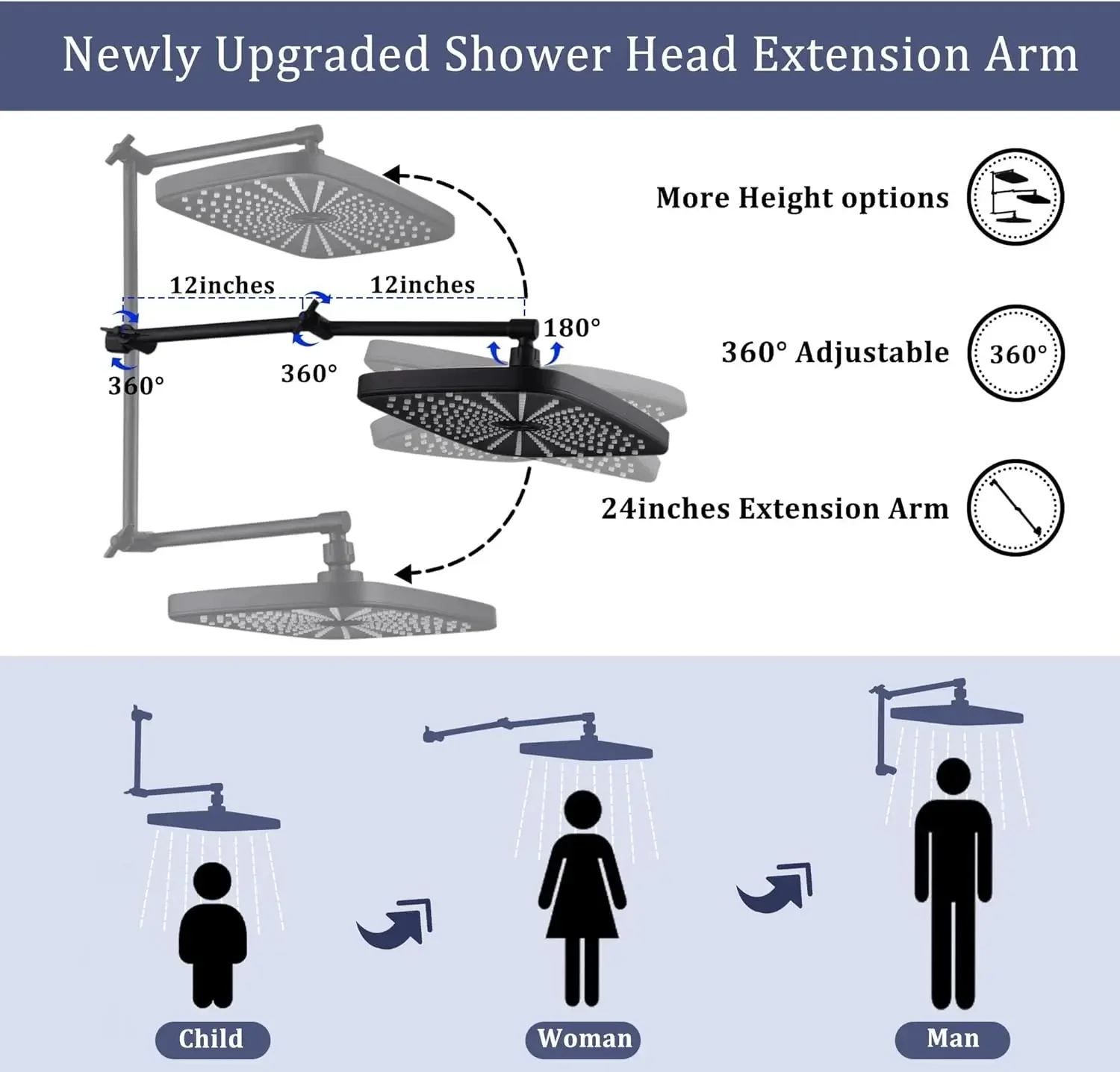 Hand Shower Head, 12-inch  Rain/Shower Head Combo High Pressure with 4-Function Hand Shower Head, 3-Direction Steering