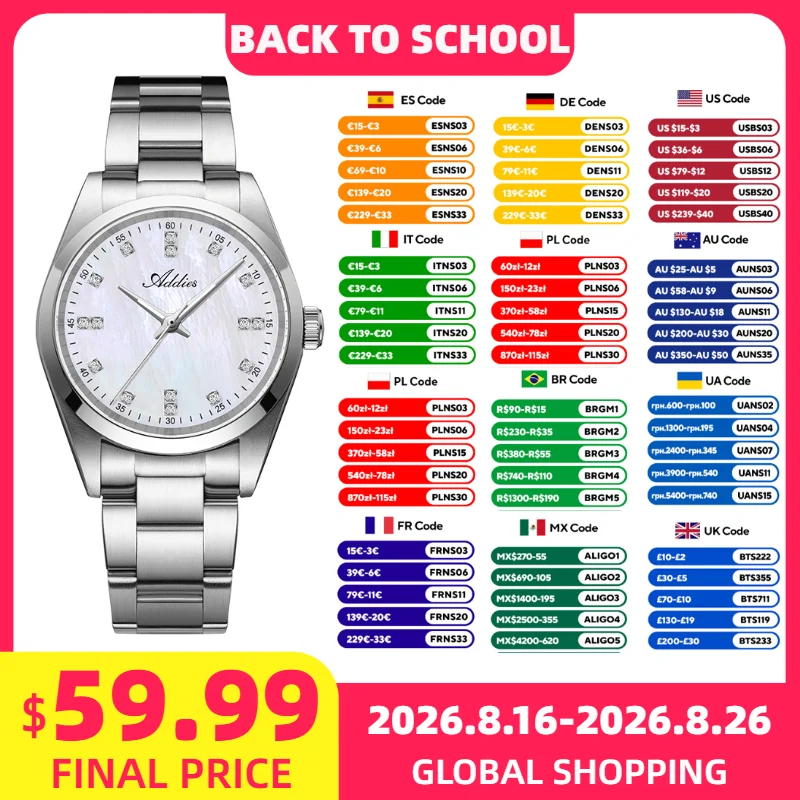 Роскошные женские часы ADDIES, 31 мм, с сапфировым стеклом, циферблатом с бриллиантами, из нержавеющей стали 316L, японский кварцевый механизм, деловые наручные часы для женщин