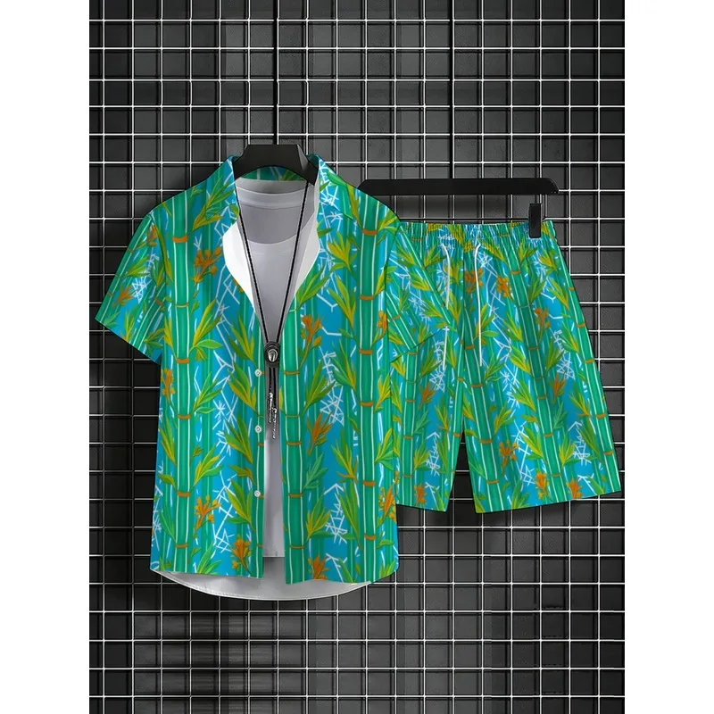 Men's Tropical Leaf Print Shirt Short Set Polyester Beachwear Vacation Casual Holiday Outfit Bright Green Comfortable Breathable view 3