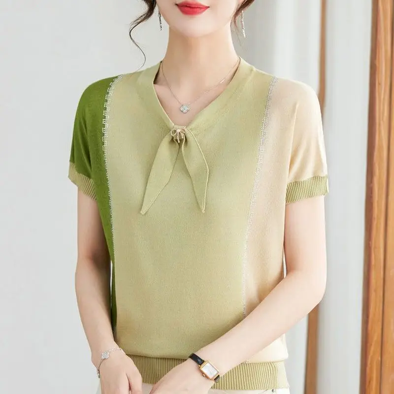 

Temperament Summer New Women's Ice Silk Bow Contrast Color Diamonds Fashion Elegant Loose Short Sleeve Knitting T-Shirts Tops