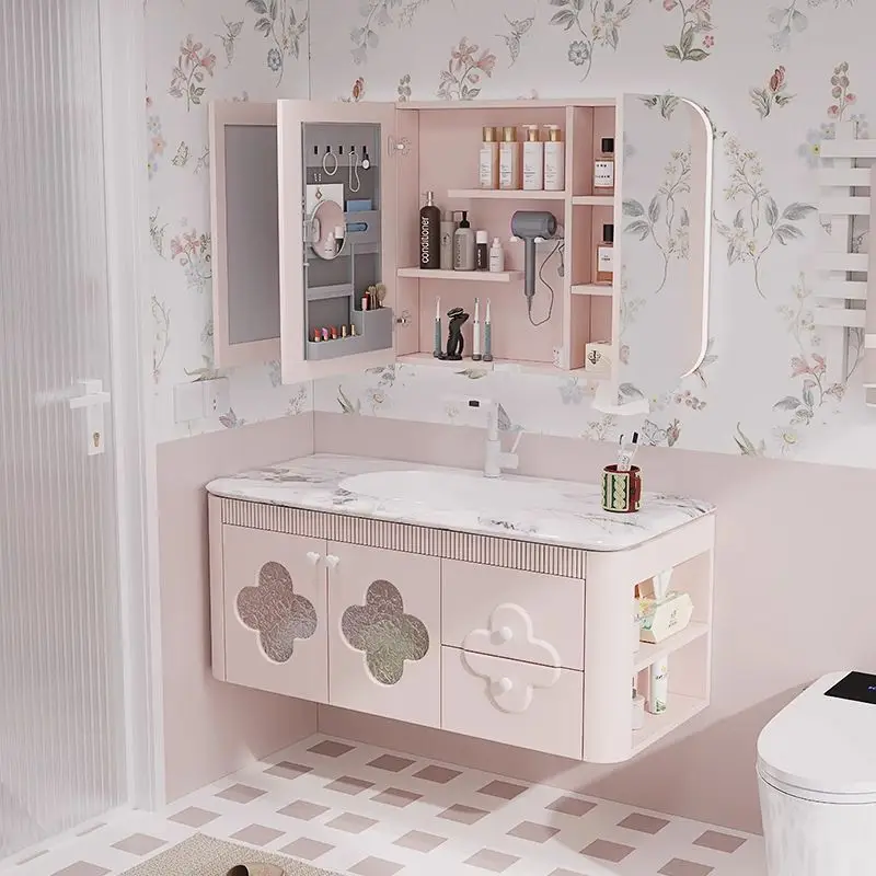 Pink Rubber Wood Baked Paint Curved Bathroom Cabinet, Ceramic Integrated Basin With Side Cabinet, Intelligent Mirror Cabinet