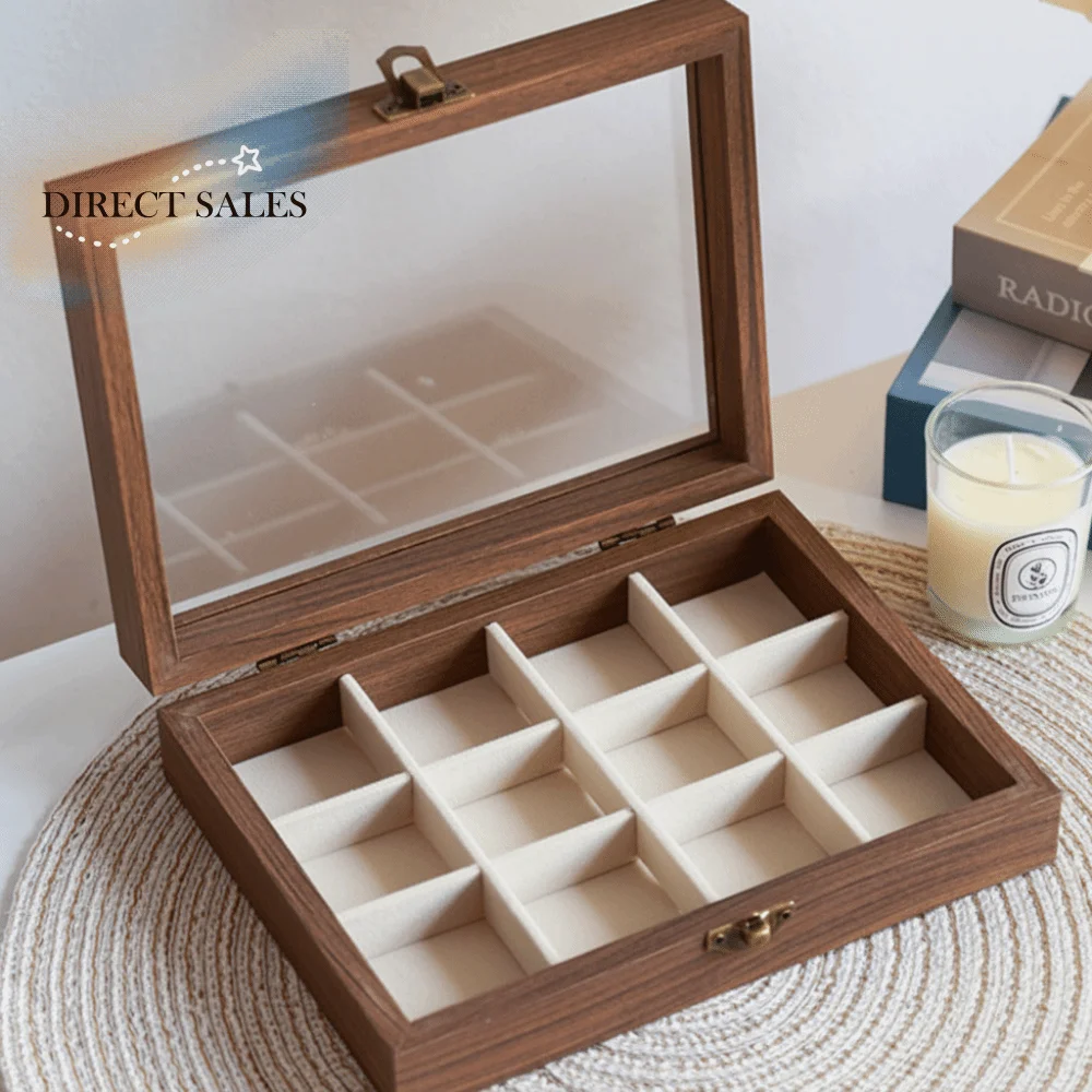 

Multipurpose Elegant Wood Jewelry Box Velvet Glass Lid Earrings Display Tray Dust-proof Storage Box Jewelry Organizer Store