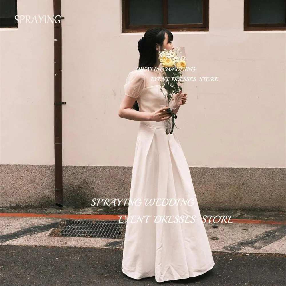 

SPRAYING Korean Simple O-Neck Lace sleeves Wedding Dress Floor-Length Long Satin Bridal Gown Wedding Shooting Wedding Robe