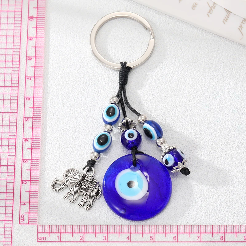 Round Blue Evil Eye Elephant Keychain Keyring For Men Women Trendy Vintage Glass Turkish Lucky Eye Tassel Bag Car Key Jewelry