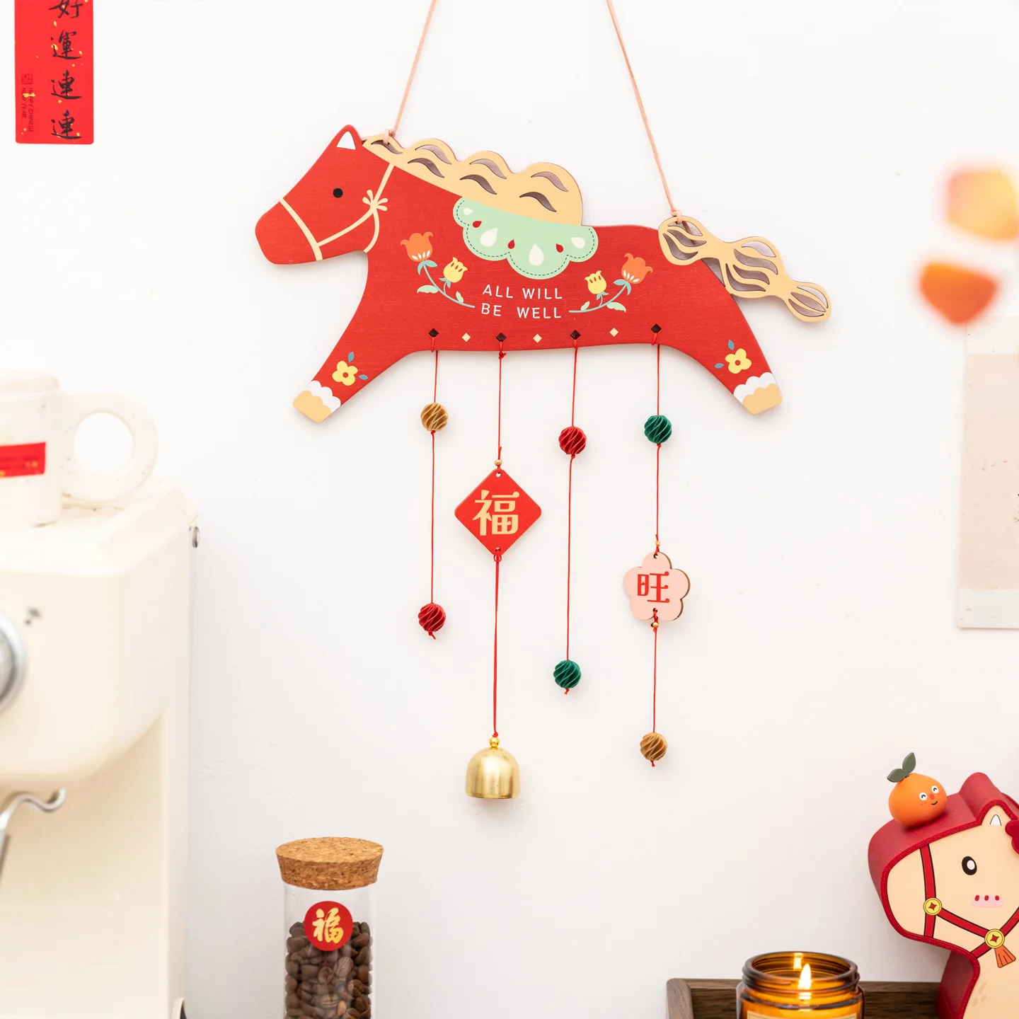 2026 Jahr des Pferdes, Atmosphäre, Segen, dekorative Tür, zum Aufhängen, Holz-Pony, Windspiel, Ornament, Zuhause, Wohnzimmer, Wanddekoration