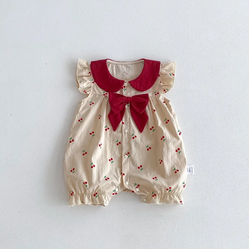 

2024 Summer Baby Girl Cherry Romper 0-2Yrs Newborn Princess Ruffles Sleeve Peter Pan Collar Bow Jumpsuit Birthday Party Clothes