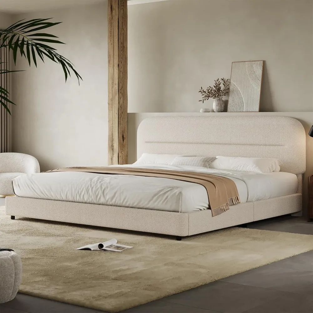 Size Boucle Bed Frame, Upholstered Cloud Bed Frame with Headboard, Soft Platform Bed Frame with Thickened Footboard, Rounde